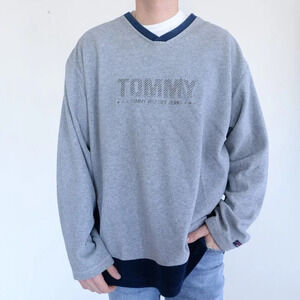 Tommy Hilfiger Vintage Y2K Blue & Grey V-Neck Sweater ~XLarge